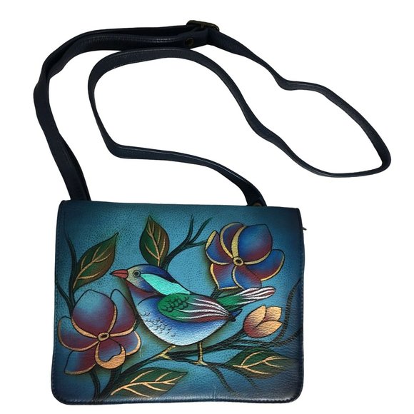 Anuschka NEVER USED Handpaint Leather Small Cross Body Bag Bird Blue - Picture 2 of 16